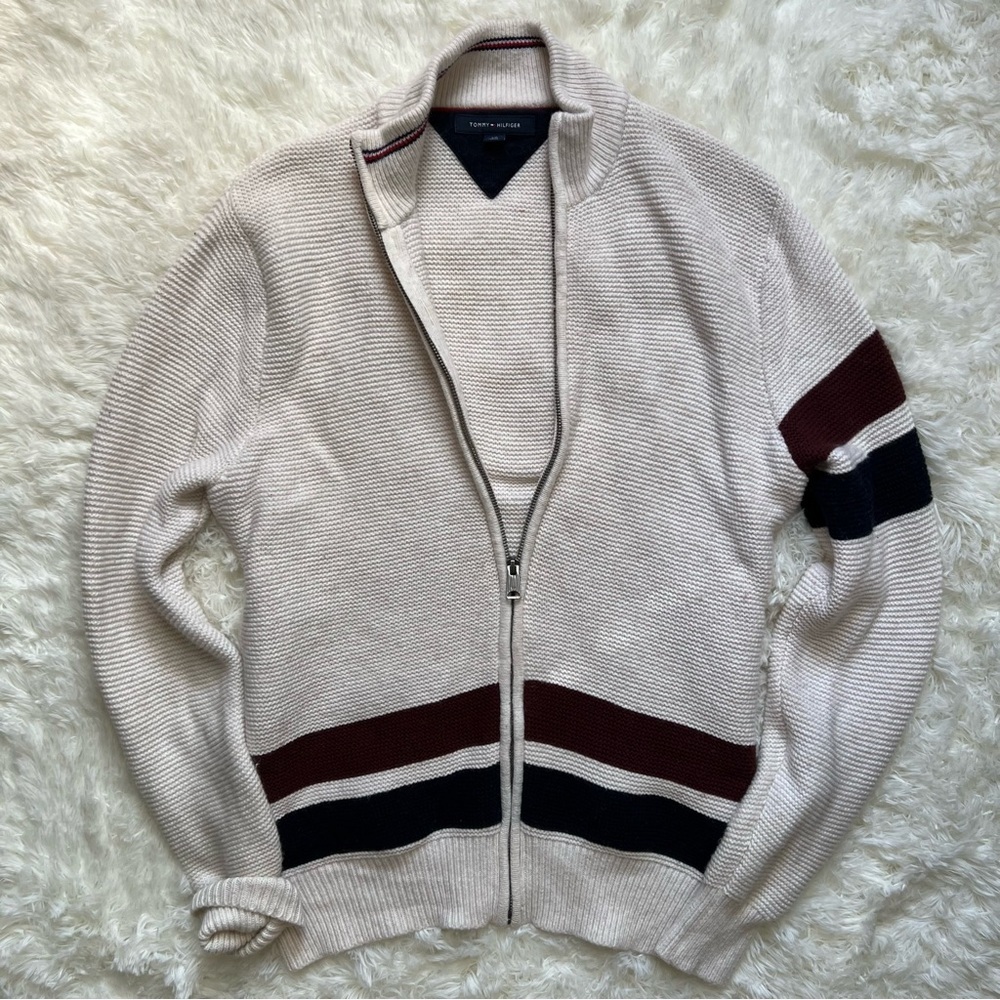 Tommy Hilfiger Cream Knit Zip Up Cardigan Sweater